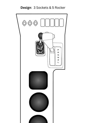 Drawing of 3 socket & five rocker switches design for Toyota 80 series early model automatic aftermarket 
