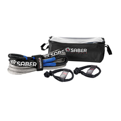 Saber offroad kit displaying what’s included. 2 soft shackles and a kinetic recovery rope with a heavy duty storage bag