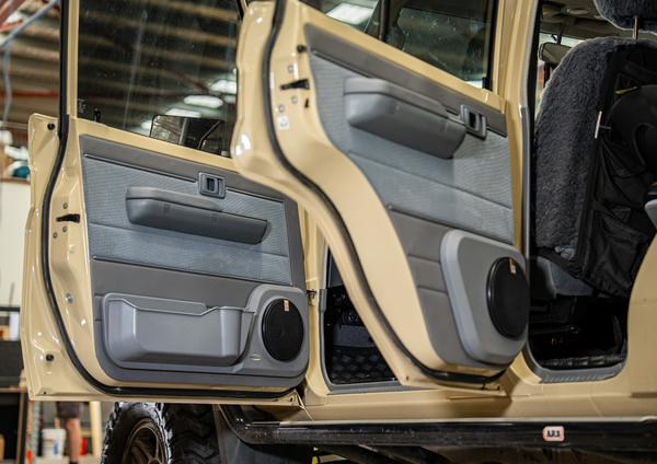 Speaker door pod upgrade on factory door cards for 70 series landcruiser 