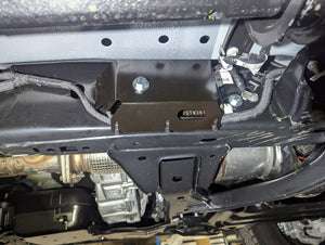 front underbody protection guard installed in black on a ford ranger super duty vehicle
