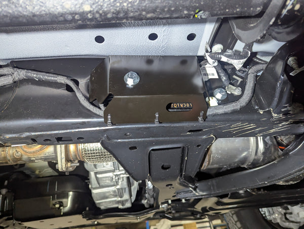 front underbody protection guard installed in black on a ford ranger super duty vehicle