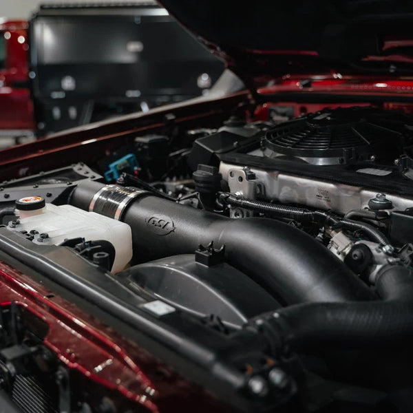 Powdercoat black GSL Fab 4” intake kit on merlot 70 series