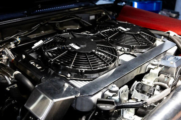 GSL Fab Top Mount Intercooler Thermo Fan Kit installed with GSL Fab Crankcase Breather kit