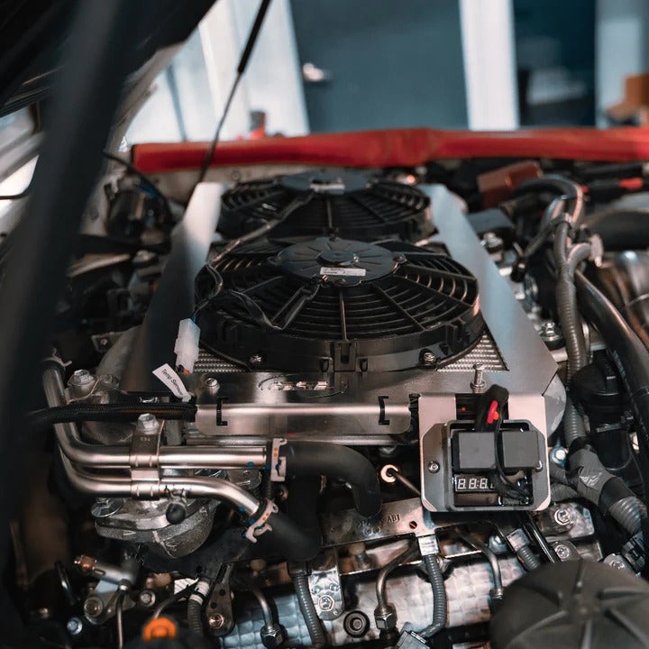 GSL Fab Top Mount Intercooler Thermo Fan Kit installed with GSL Fab Crankcase Breather kit