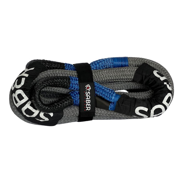 Saber Offroad 16,000kg kinetic recovery rope with reinforced eyelets for safe 4WD recoveries in sand, mud and off-road conditions.